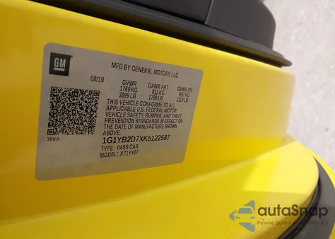 2019 Chevrolet Corvette Stingray z USA, uszkodzony, nr VIN 1G1YB2D7XK5122587